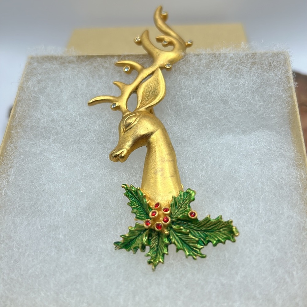 Vintage Reindeer Rhinestone Brooch Signed JJ Goldtone Statement Collectable